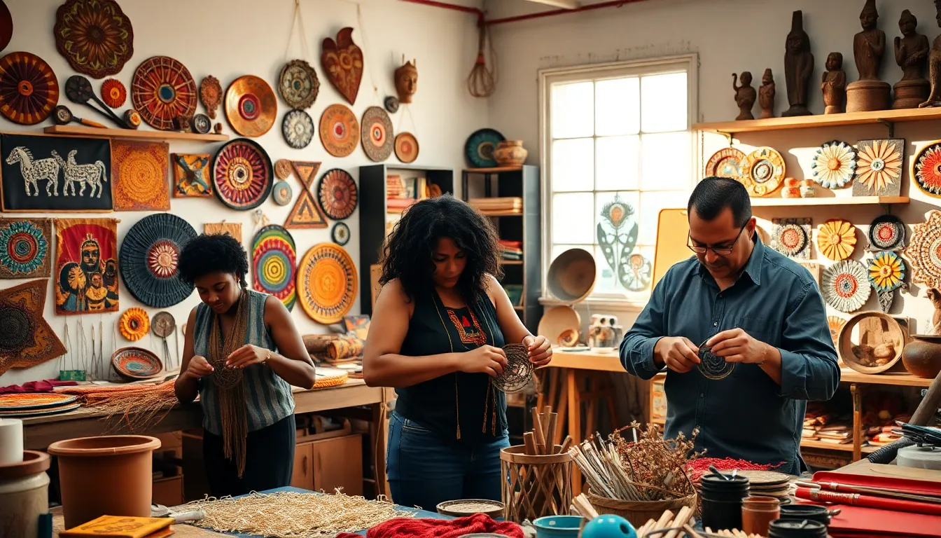 diverse artisans creating hqpırner art in a bright studio.