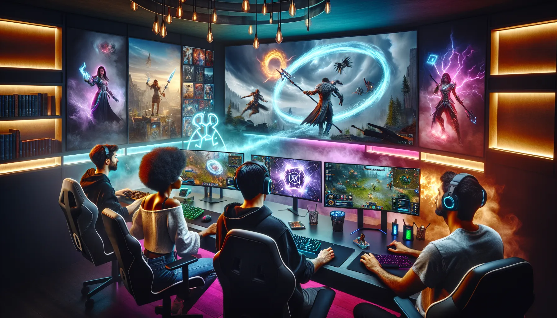 gamers at modern PCs playing LightniteOne with dynamic weather effects.