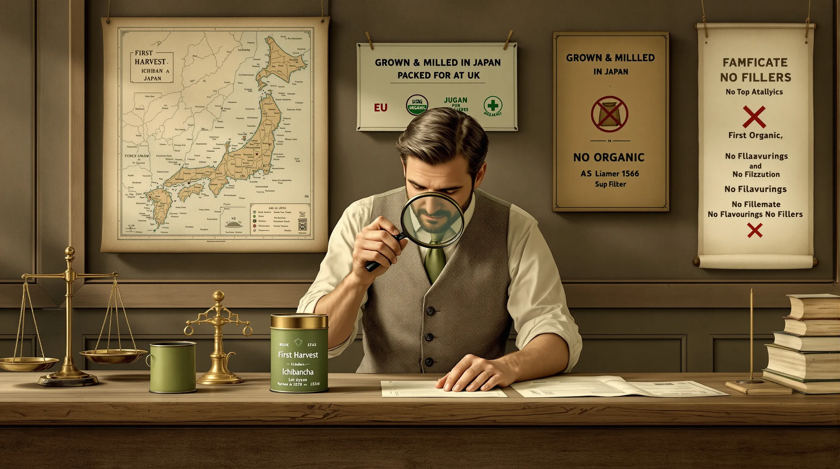 Vintage British tea merchant inspecting matcha tin for organic logos and dates.