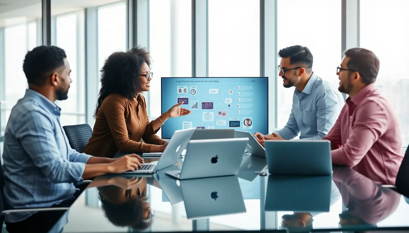 diverse team discussing technology strategy in a modern office.