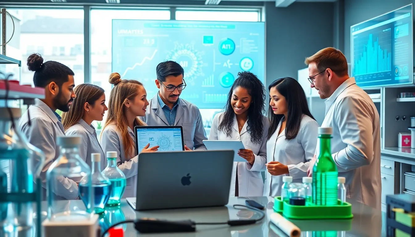 diverse biotech team collaborating in a modern lab with AI technology.