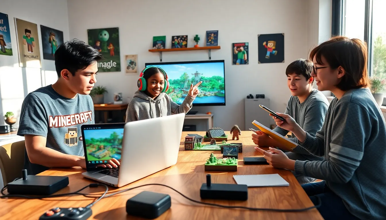 a diverse group of teens collaborating on Minecraft projects in a gaming room.