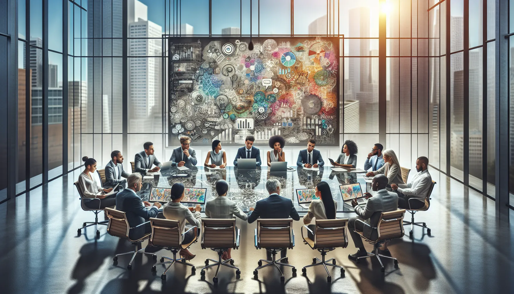 diverse professionals brainstorming in a modern office setting.
