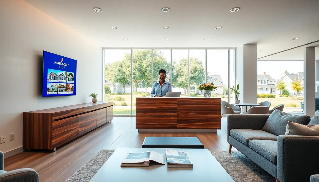 a welcoming real estate office with a smiling receptionist and modern decor.