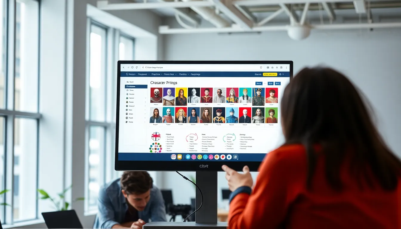 diverse group collaborating on a character creation tool in a bright office.