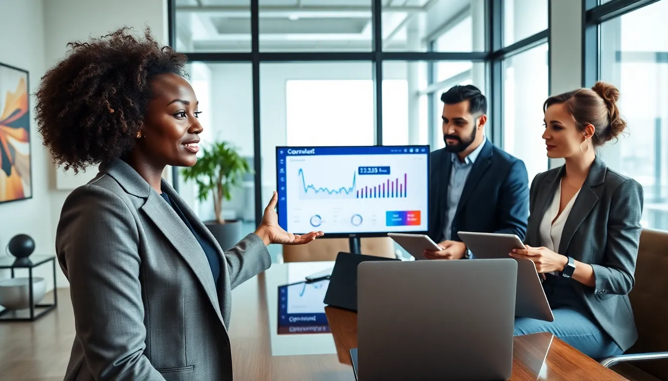 diverse professionals discussing innovative technology in a modern office.