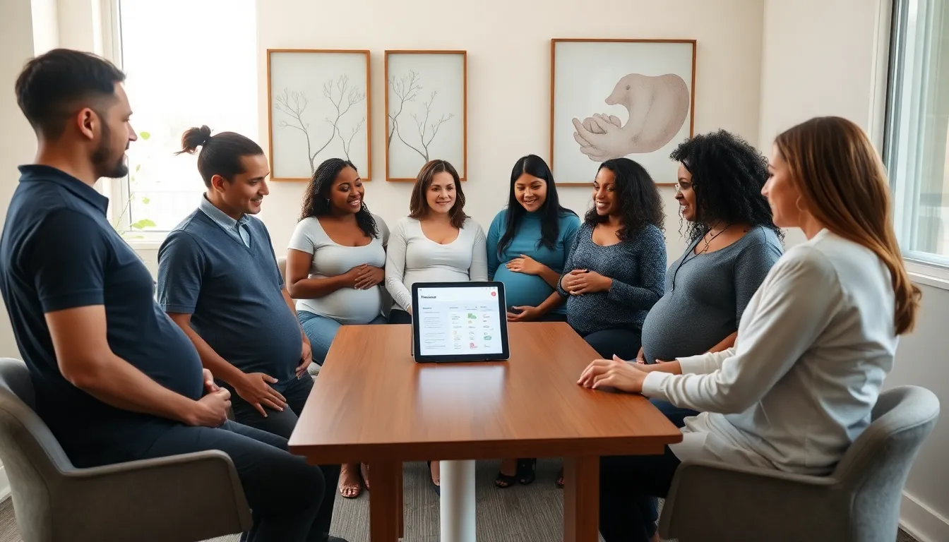 A diverse group discussing birthing options with a healthcare provider in a consultation room.