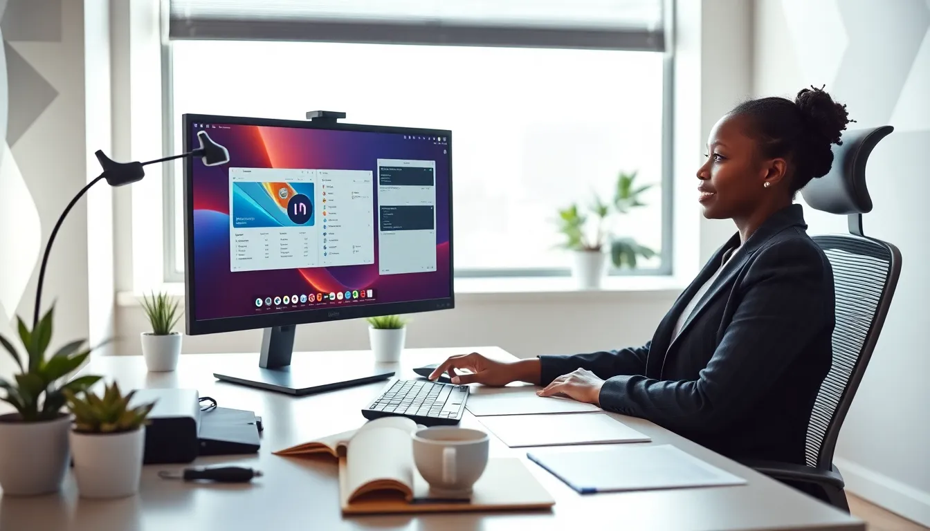 IT professional using Plugbox Linux in a modern workspace.