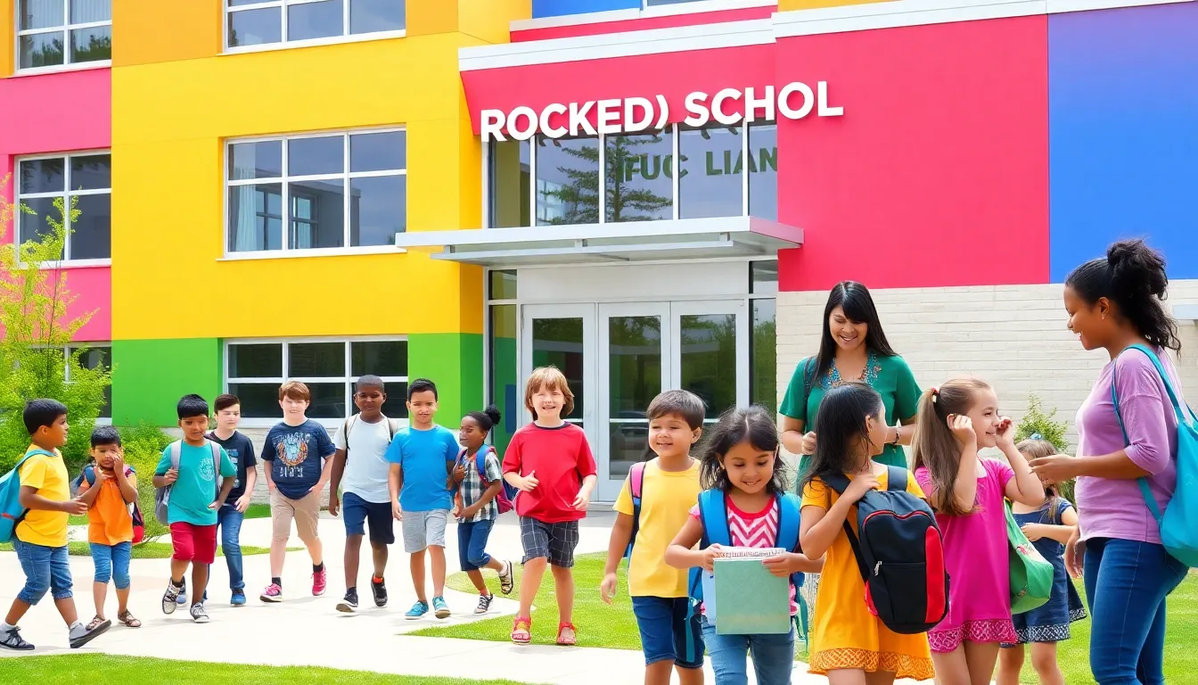 Diverse students and staff at Rockdale Elementary School entrance.