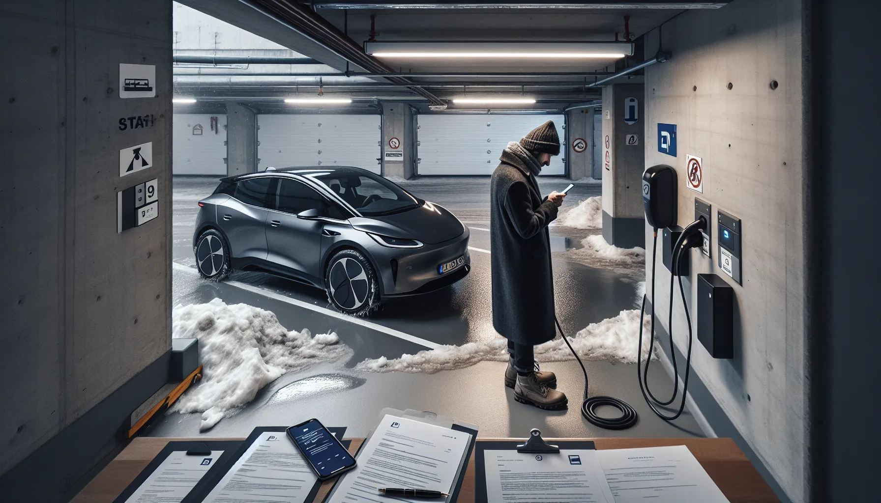 Norwegian owner photographs empty garage space with ev charger and paperwork.