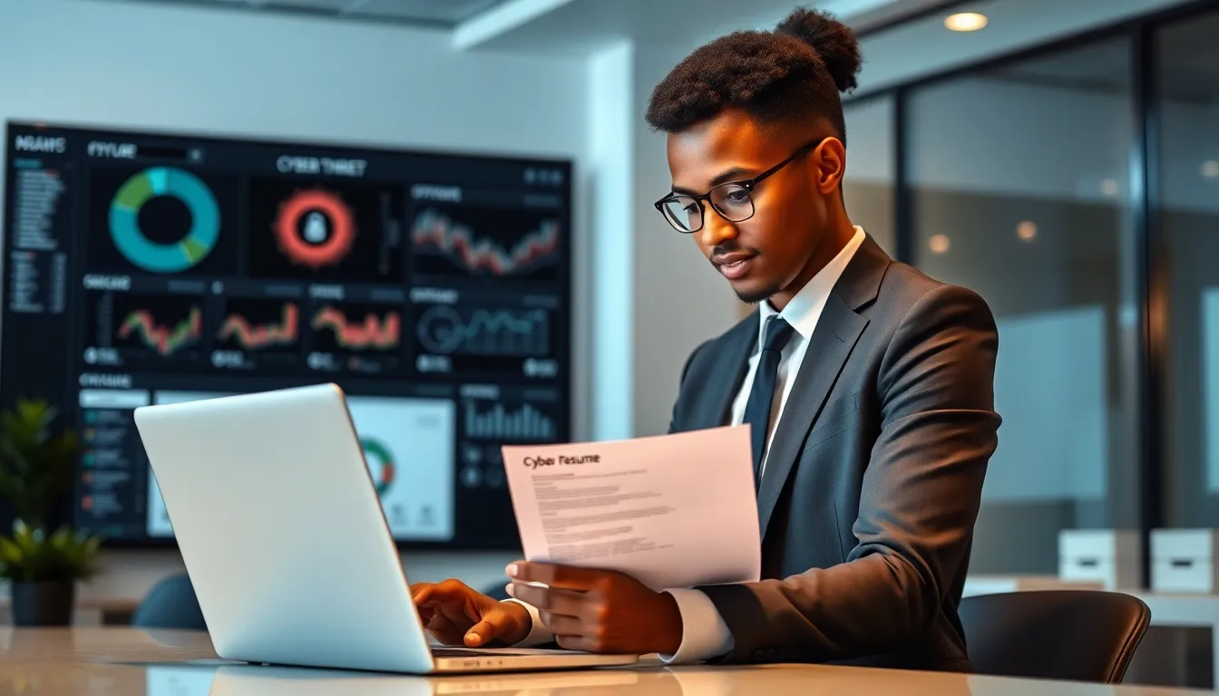 professional reviewing a cyber security resume in a modern office.