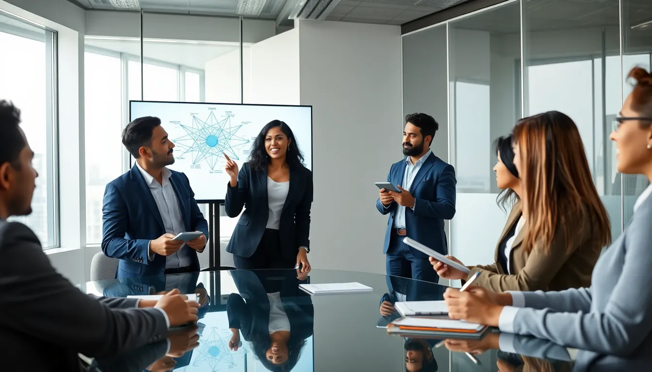 diverse team brainstorming complex ideas in a modern office.