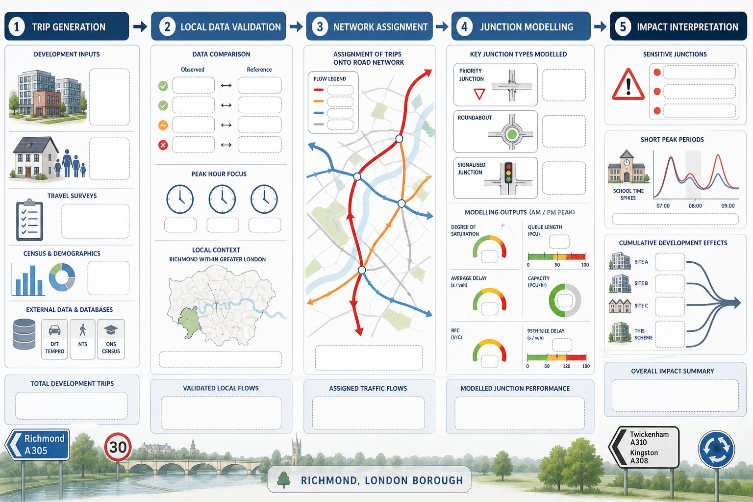 traffic modelling infographic showing trip forecasts, junction testing, and network impacts in Richmond.