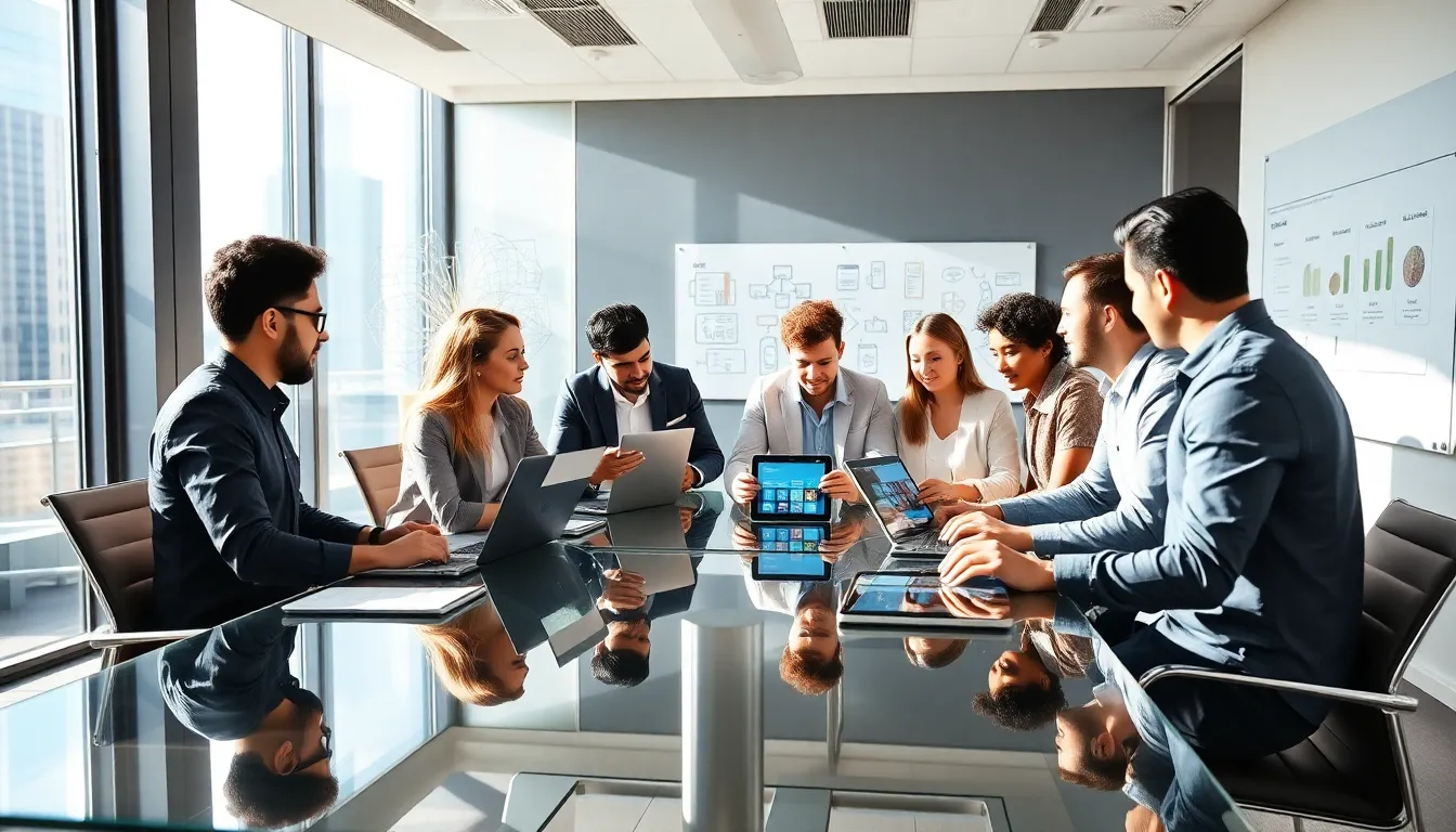 diverse mobile application development team collaborating in a modern office.