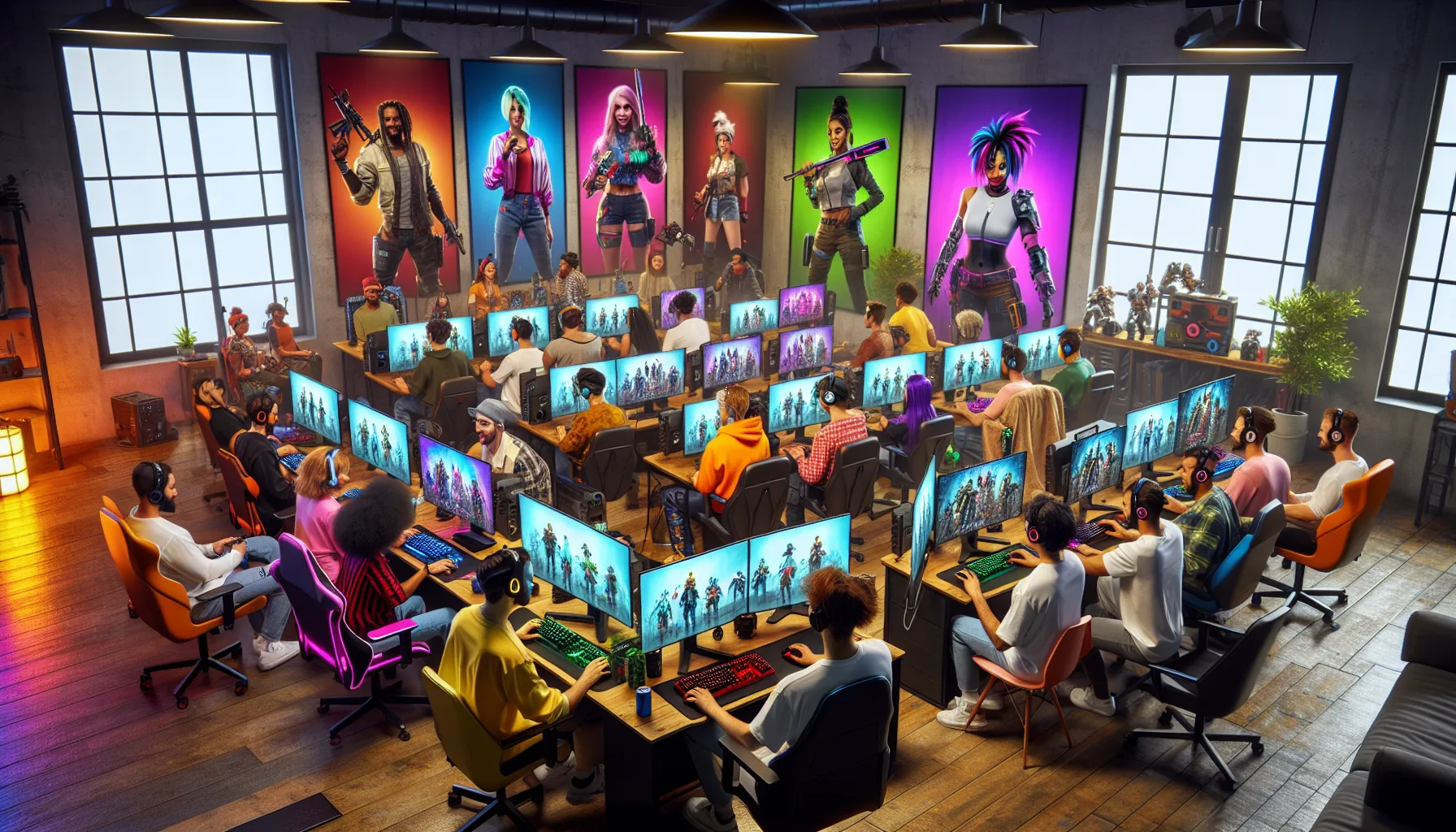 diverse players customizing characters in a modern gaming environment.