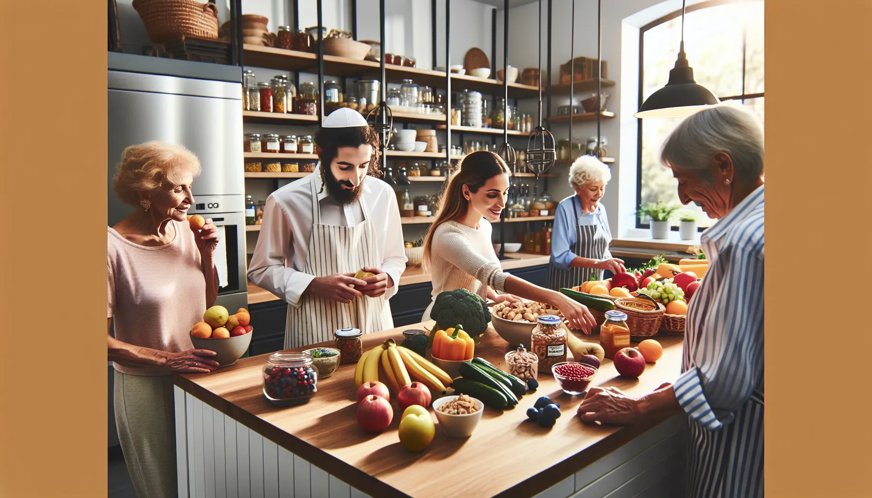 diverse group cooking in a modern kitchen with kosher ingredients.