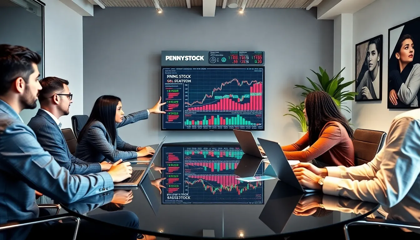 finance professionals discussing penny stocks in a modern office.