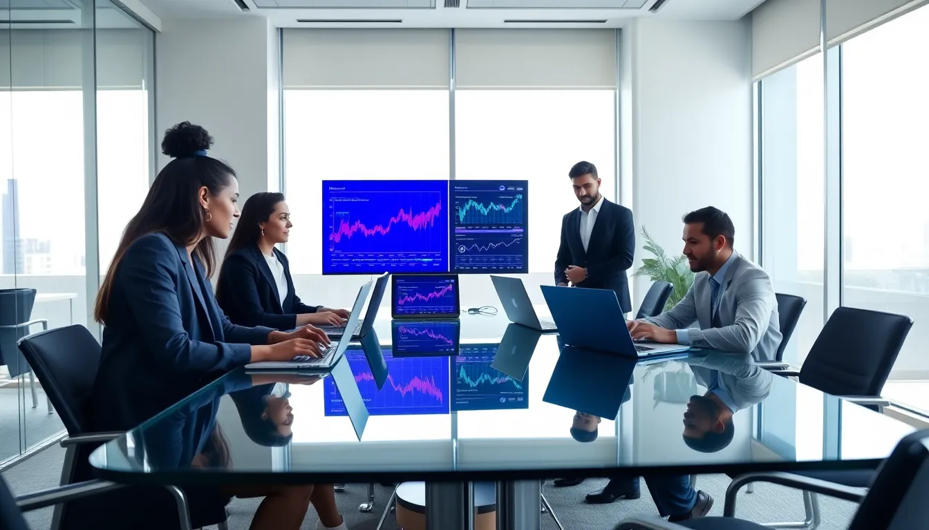 diverse professionals discussing blockchain staking in a modern office.