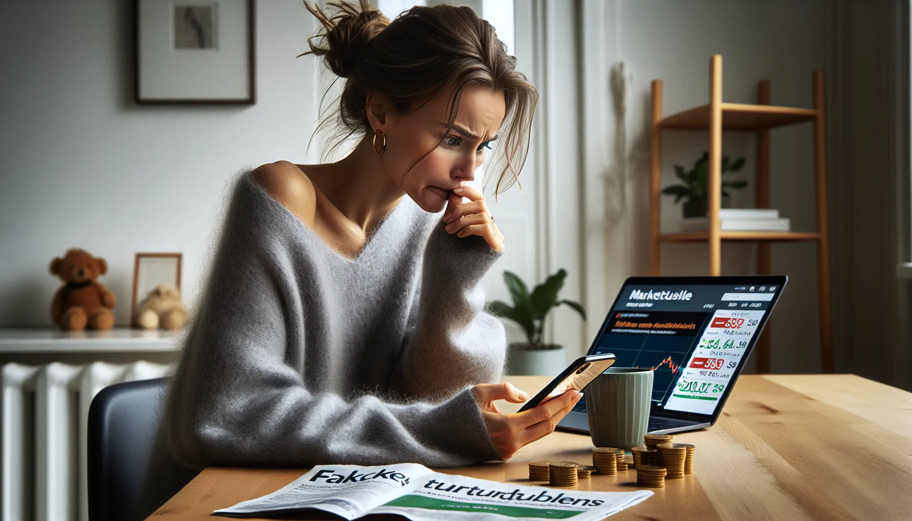 Norwegian woman hesitates over sell button as bills and plan notes surround.