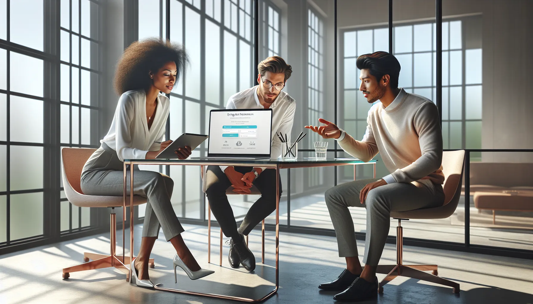 diverse team discussing Getmyippin sign-up in a modern office.