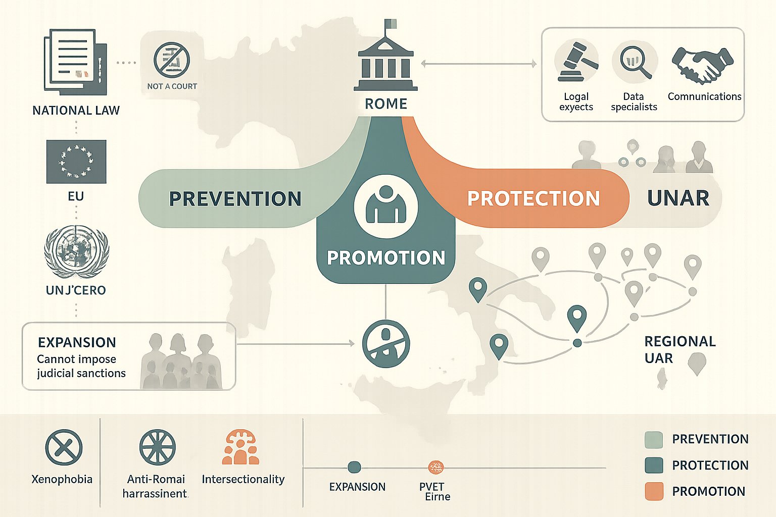 Infografica che mostra la missione, la struttura, la base legale e il coordinamento regionale dell'UNAR in Italia.