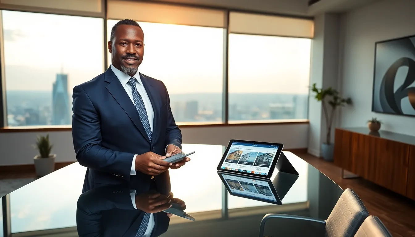 Timothy Williams, a Black man in a business suit, in a modern office with city views.