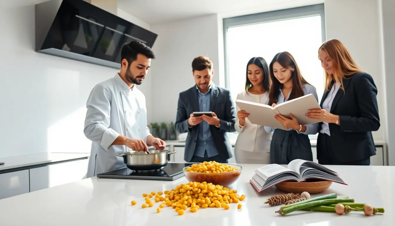 chefs preparing and tasting ترمسلیت in a modern kitchen.