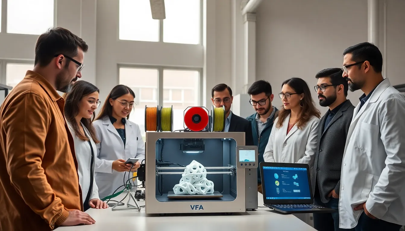 Diverse team observing a VFA 3D printer in a modern workshop.
