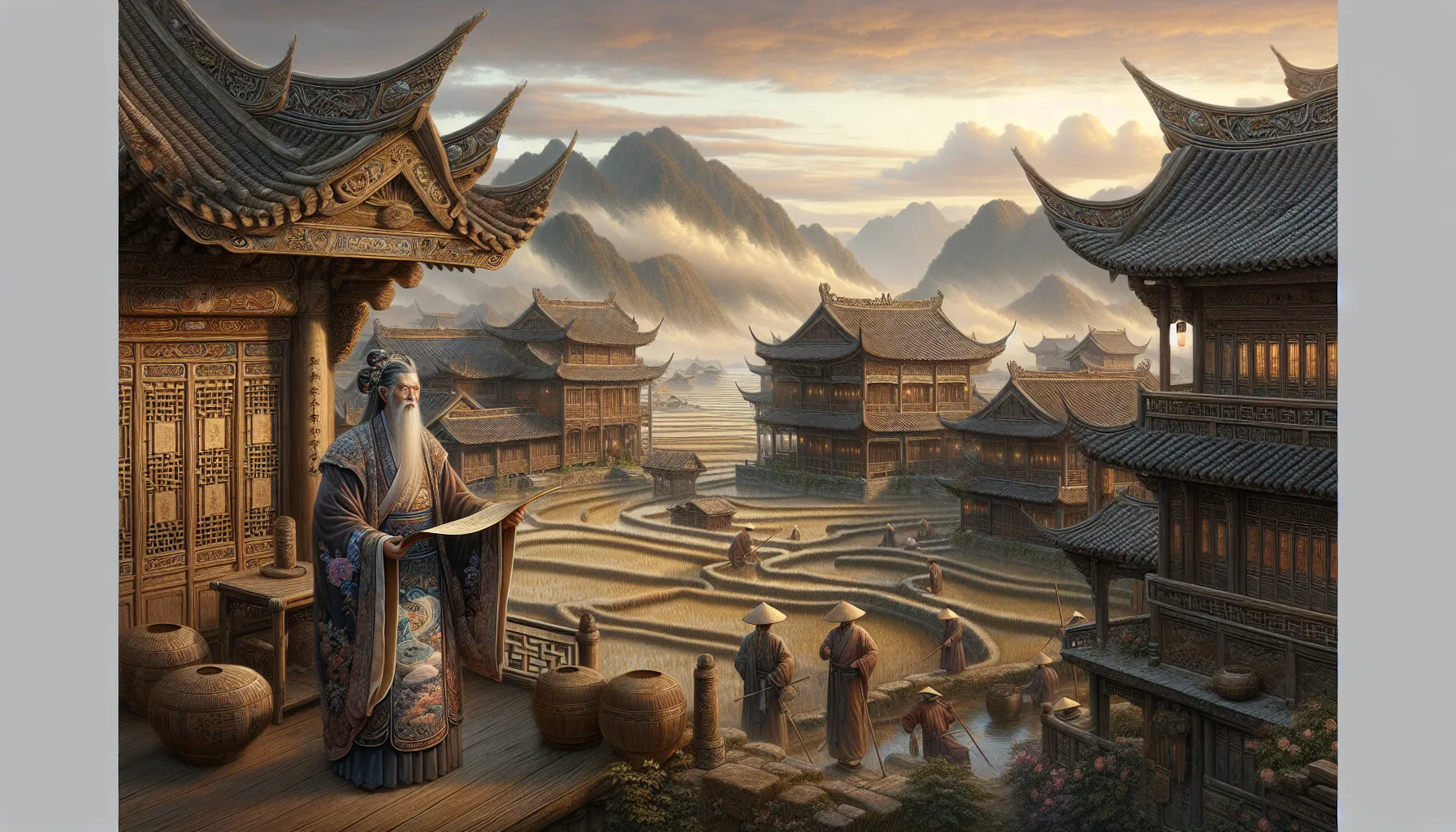 an ancient Chinese village with a farmer and traditional architecture at dawn.