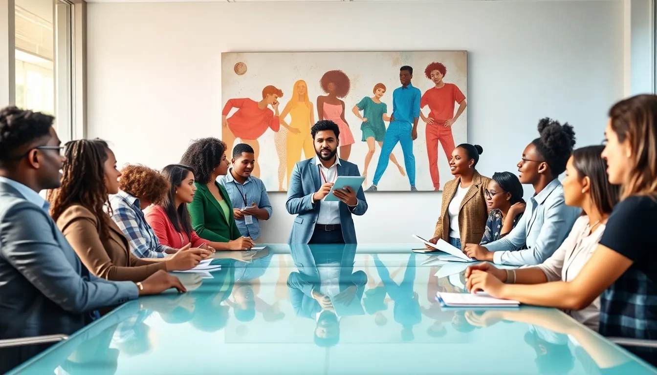 diverse team collaborating in a modern office setting.
