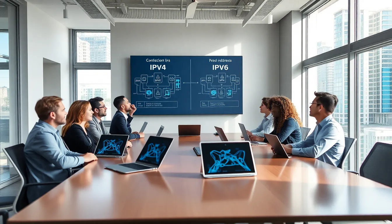 diverse team discussing IP addresses in a modern office.