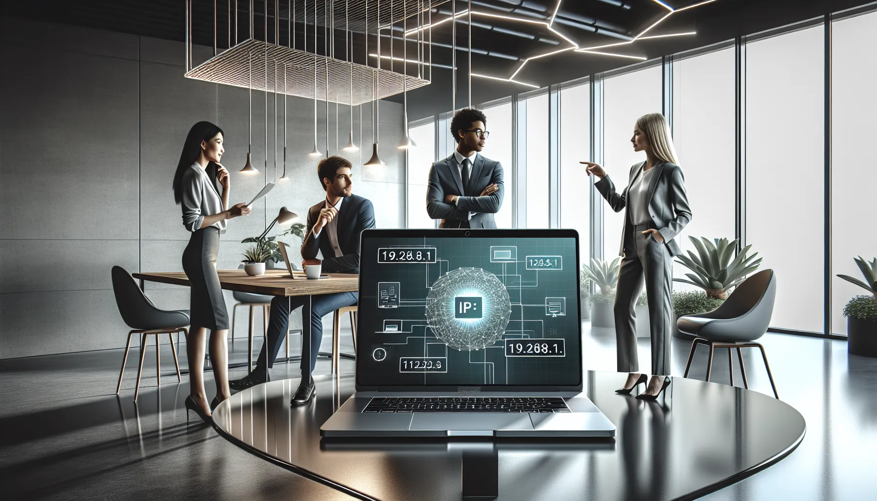 professionals discussing an IP address in a modern office setting.