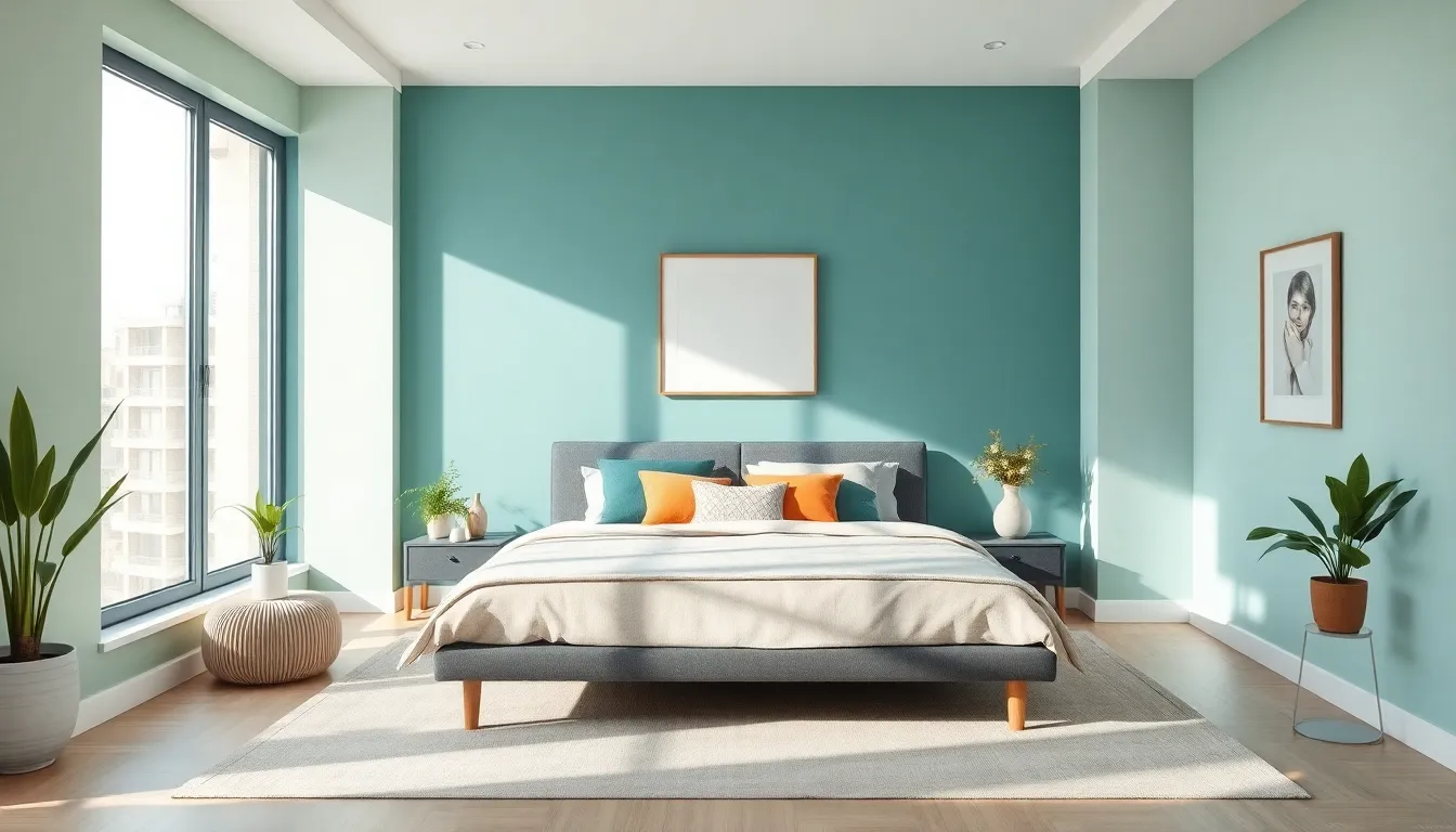 a serene bedroom painted in soft blues and greens.