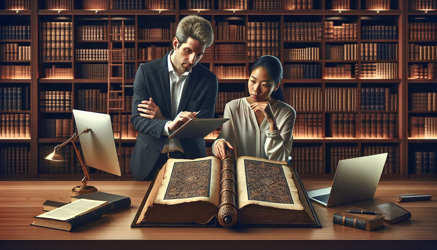 professionals examining an ancient manuscript in a modern library setting.