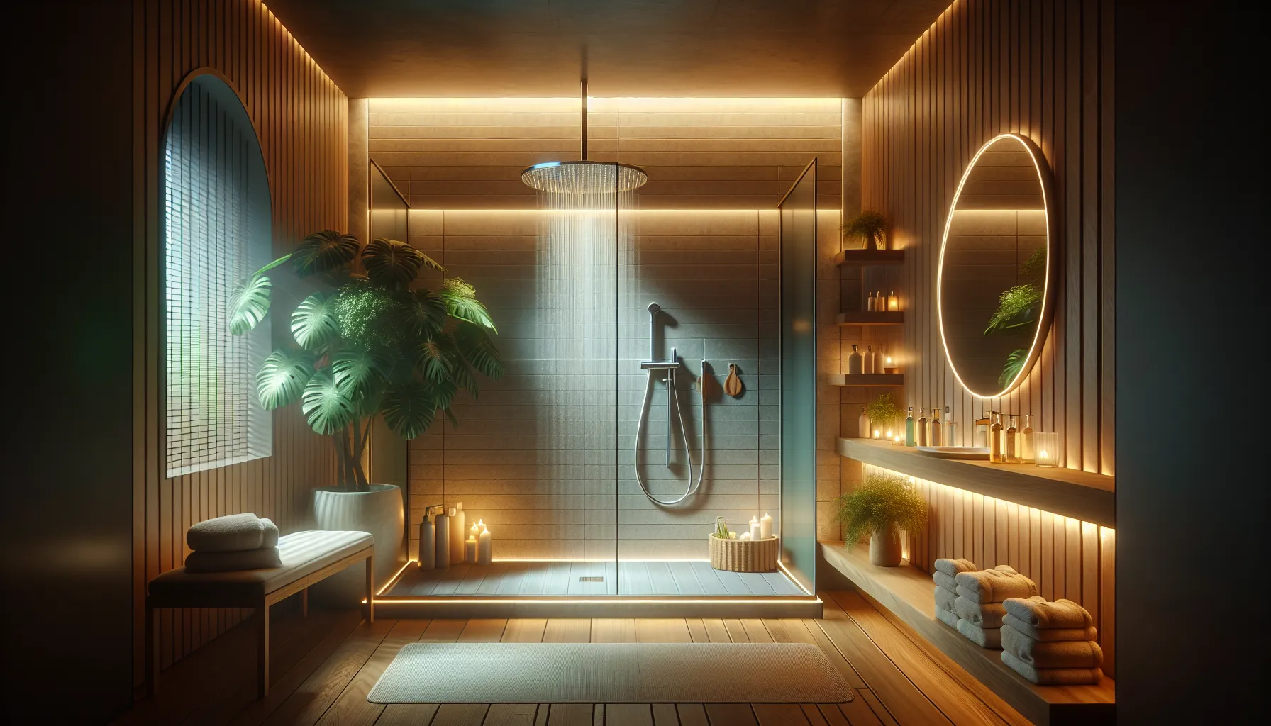 Luxurious bathroom with a serene shower setup for self-care.