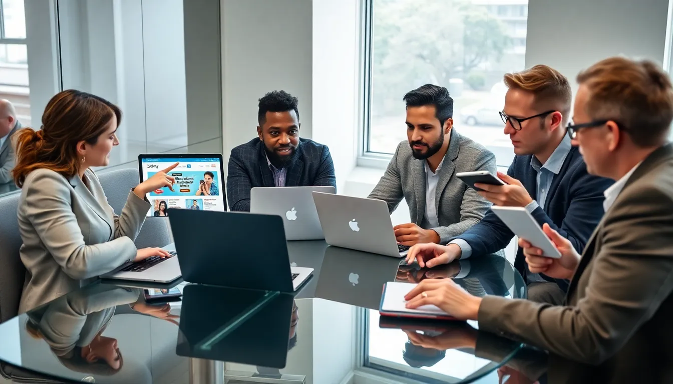 diverse team of freelancers collaborating on Shopify projects in a modern office.