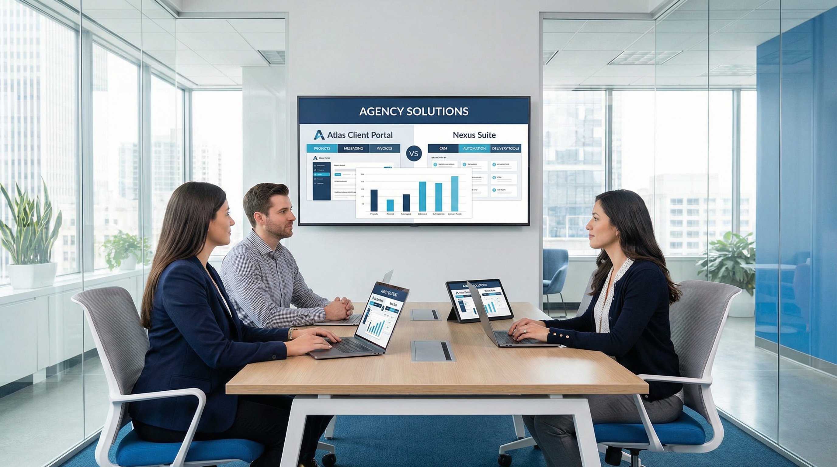 Agency team comparing branded client portal software in a modern office.
