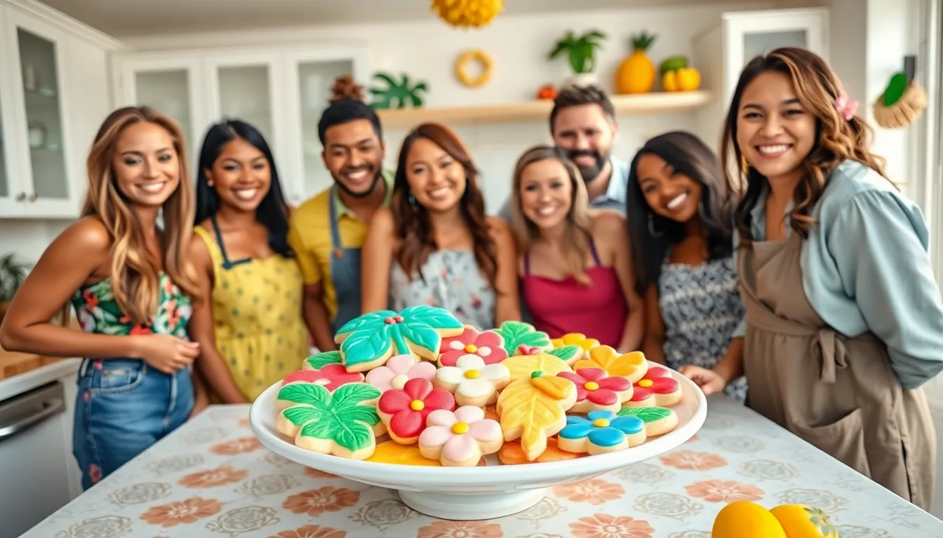 colorful tropical-inspired cookies in a modern kitchen setting with people baking.