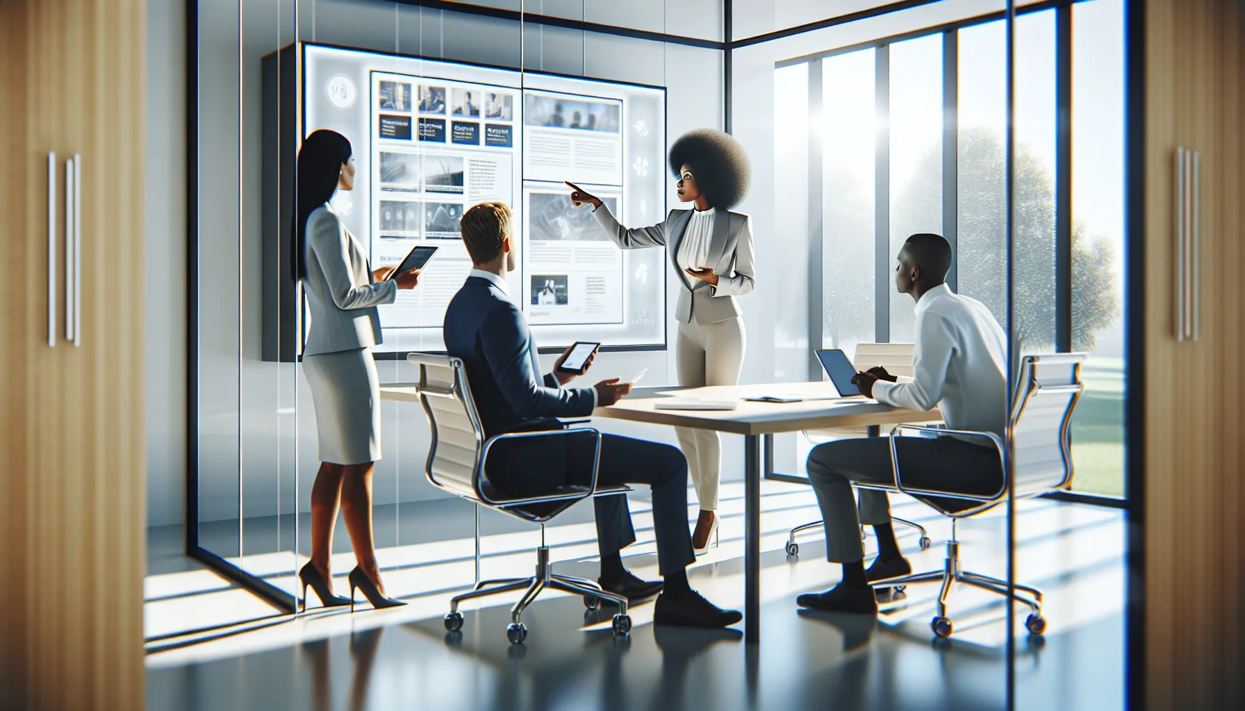 diverse team discussing top news apps in a modern office.