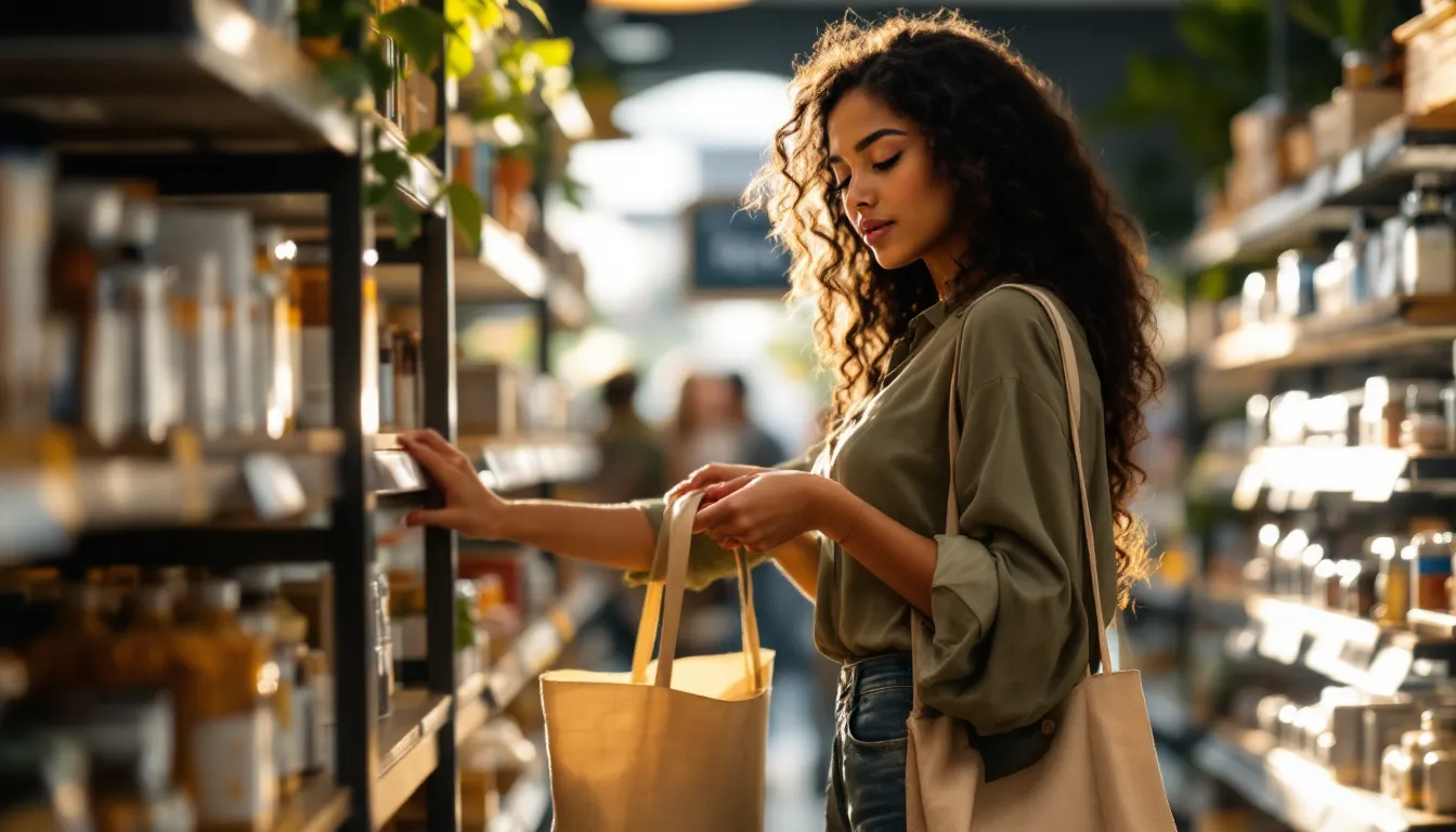 Woman pausing thoughtfully before buying a product in a sunlit store.