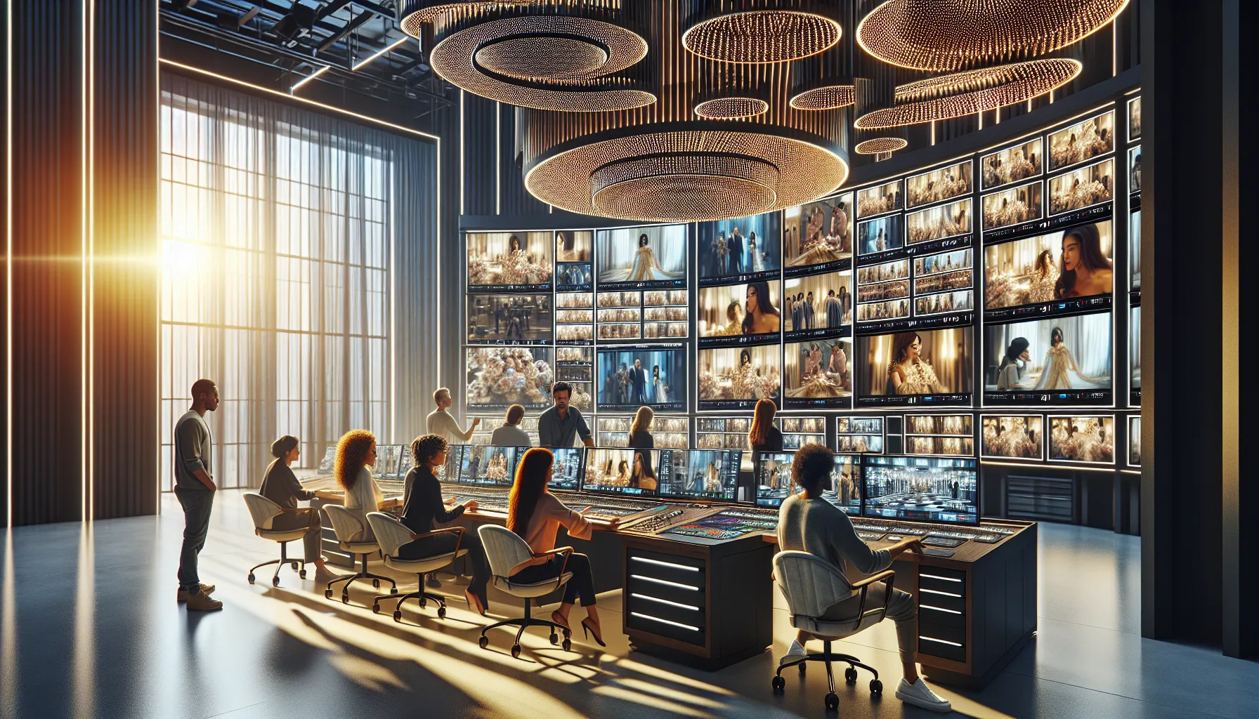 diverse team in a modern production studio analyzing scenes from a series.
