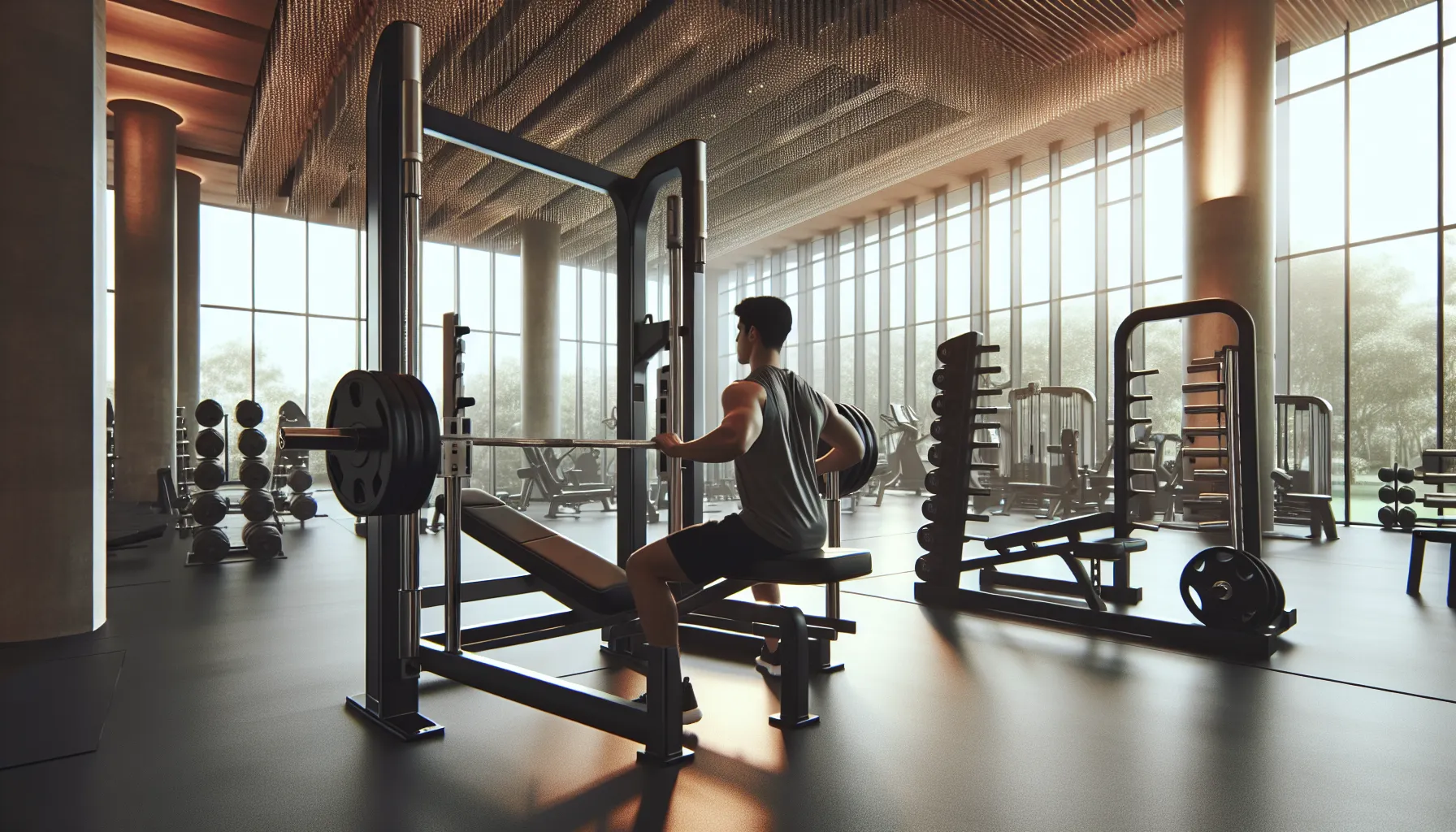Two gym benches showing incline and decline setups with respective users demonstrating exercises.