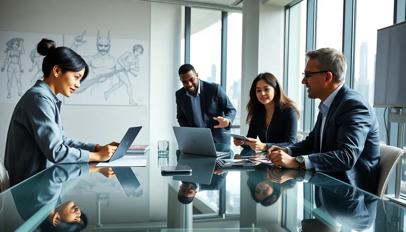 diverse game developers collaborating in a modern office space.