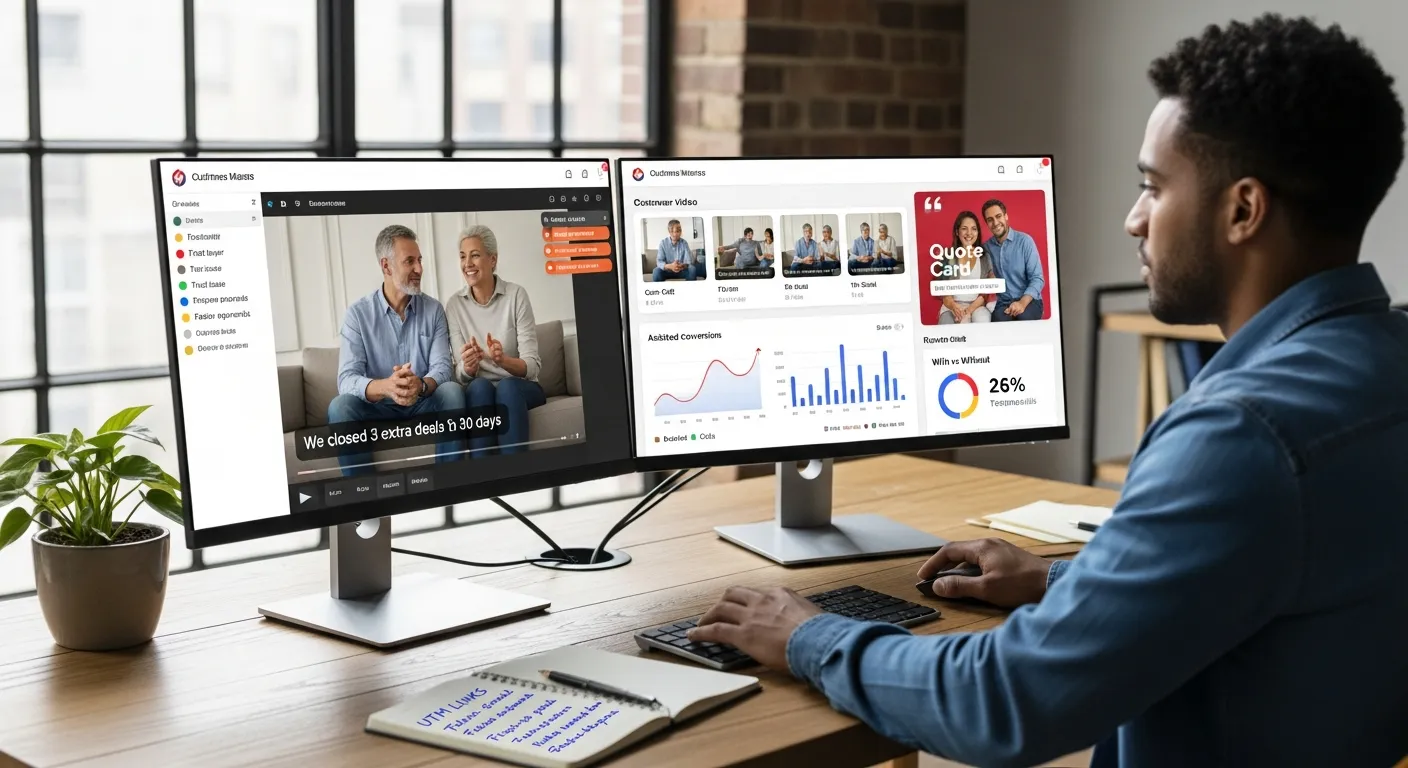 Marketer at dual monitors repurposing video testimonials into clips, quote cards, and metrics.