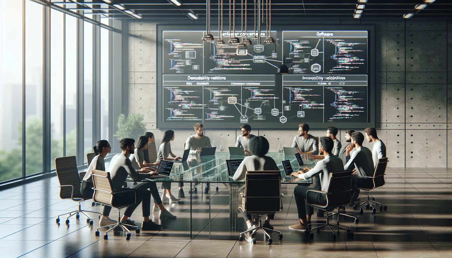 diverse software developers discussing Python compatibility issues.