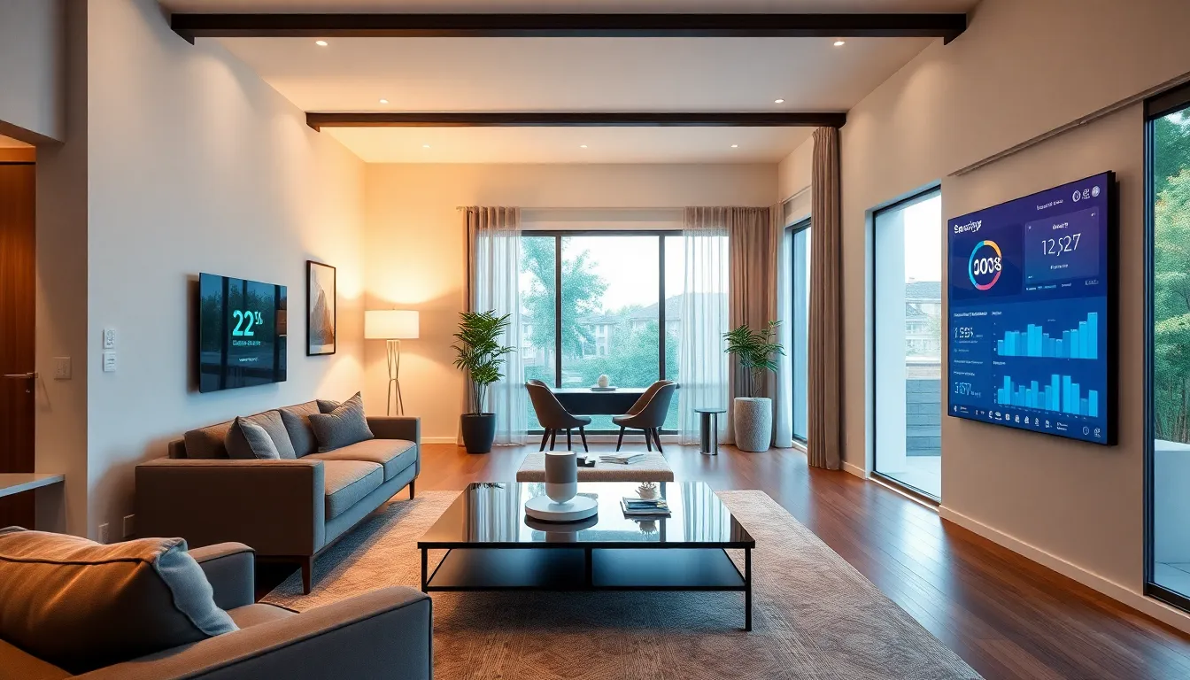 modern smart home living room with integrated technology.