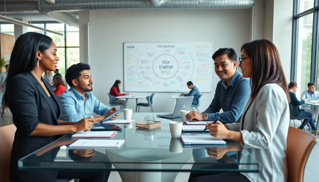 diverse professionals collaborating in a modern workspace on startup strategies.
