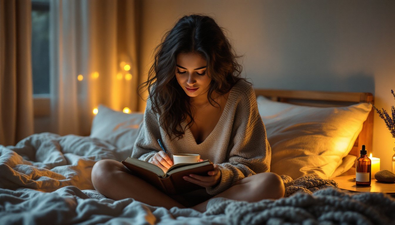 A woman journaling by candlelight on her bed in a calm, softly lit bedroom at dusk.