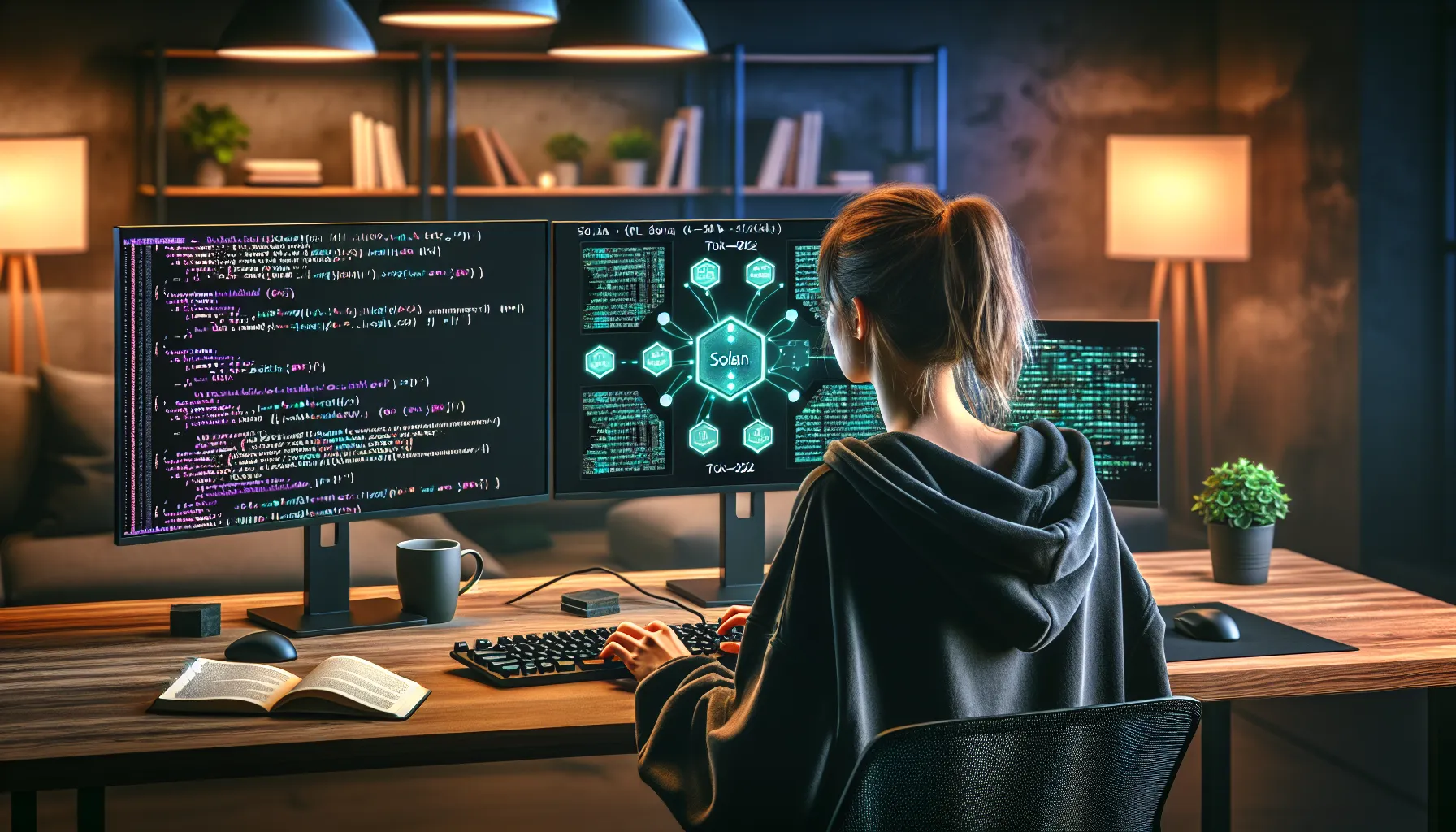 Developer working on Solana token deployment at a computer with blockchain code displayed.