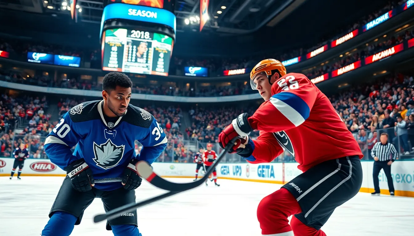 two hockey players competing for the puck in a vibrant arena.